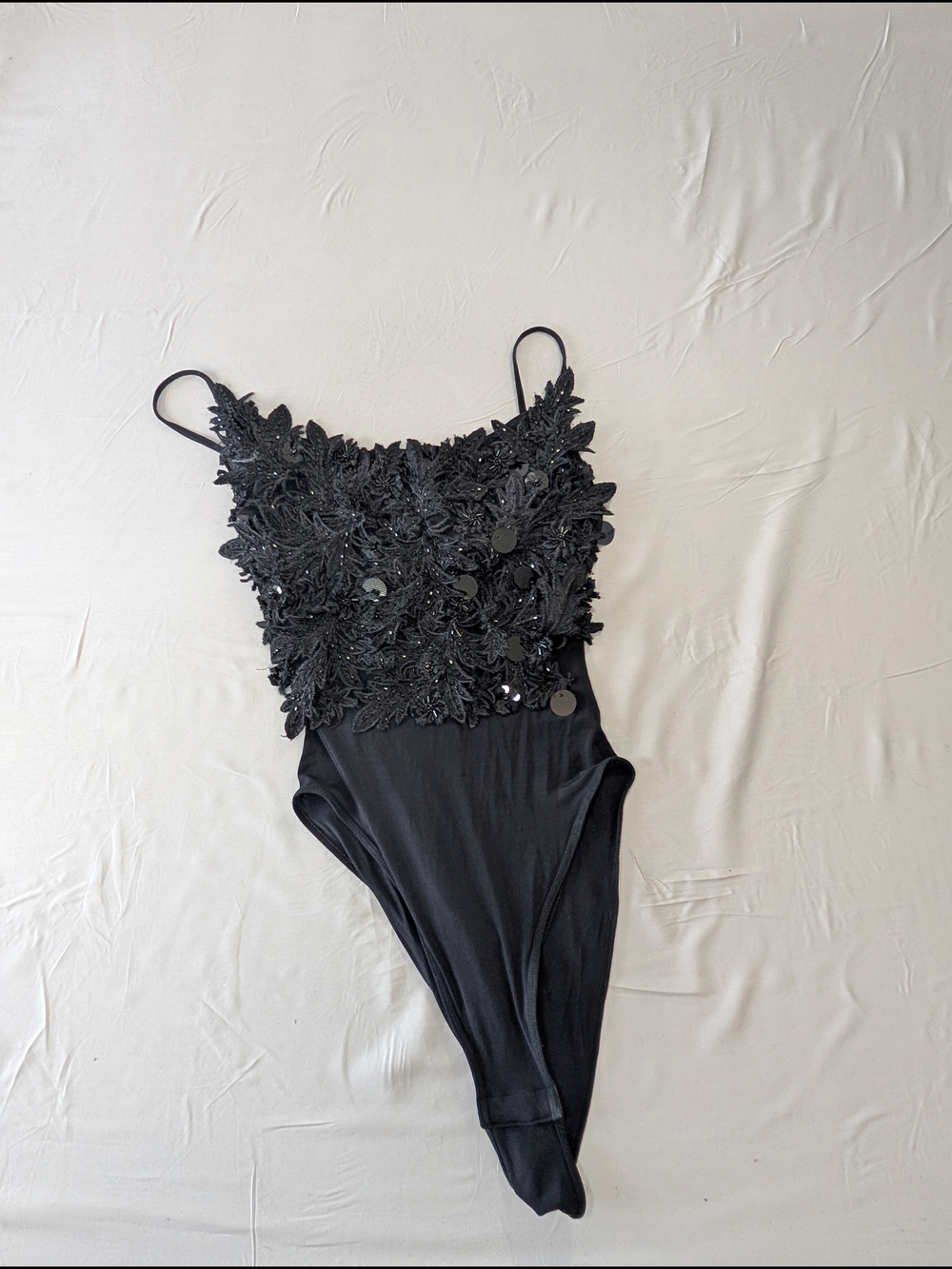 Embellished Black Floral Lace Bodysuit with Spaghetti Straps